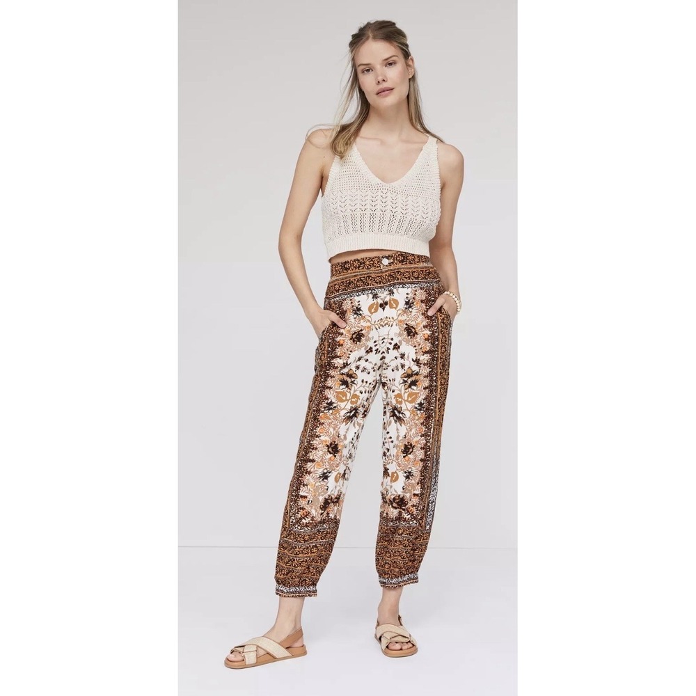 Anthropologie Printed Joggers Pants Size 4 Brown Boho Floral Linen Blend Crop